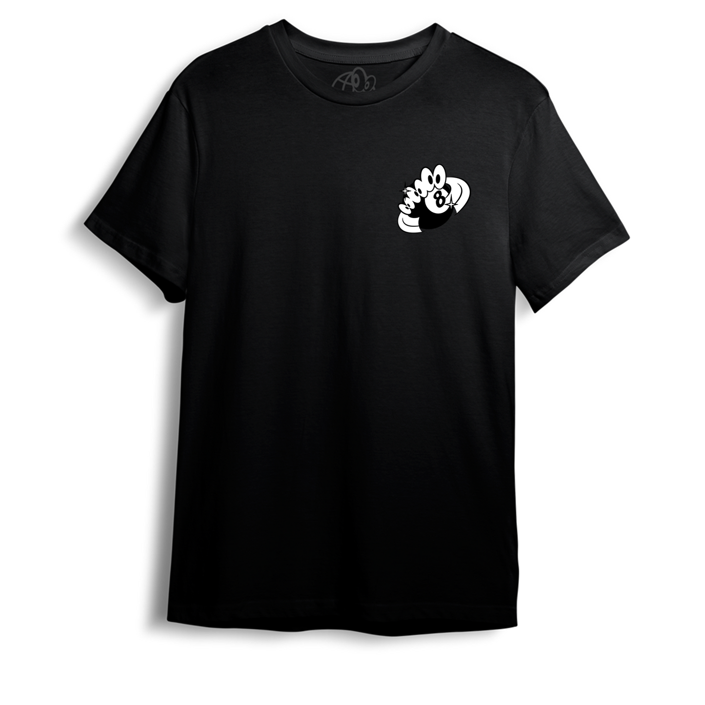 A black short-sleeved t-shirt with a white graphic of a 8ball on the front.