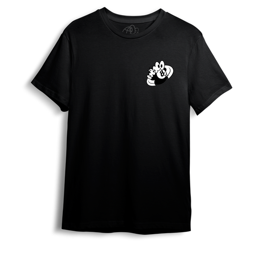 A black short-sleeved t-shirt with a white graphic of a 8ball on the front.