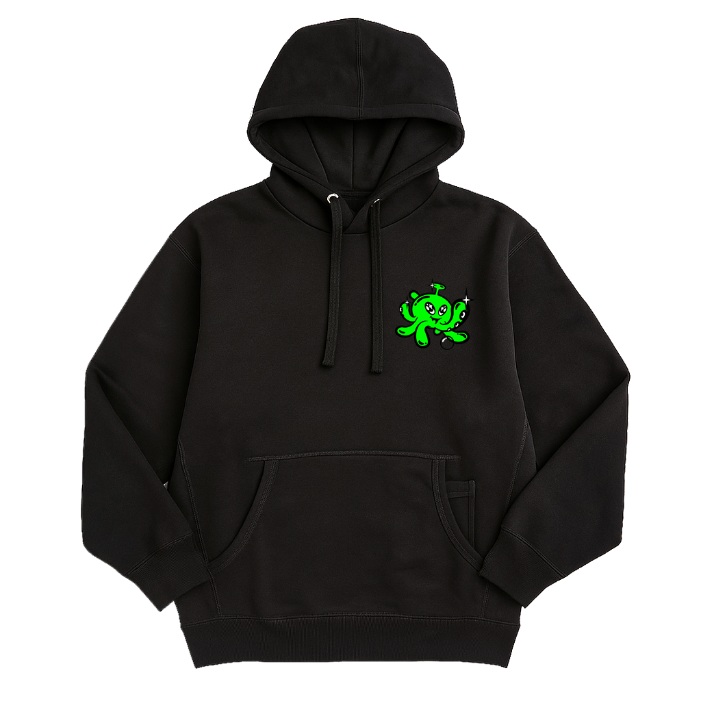 Black hoodie with a green graphic on a white background