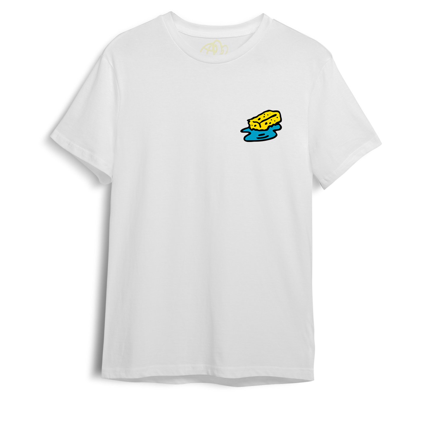 A white short-sleeved t-shirt with a graphic of a yellow sponge in water on the front.