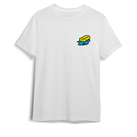 A white short-sleeved t-shirt with a graphic of a yellow sponge in water on the front.