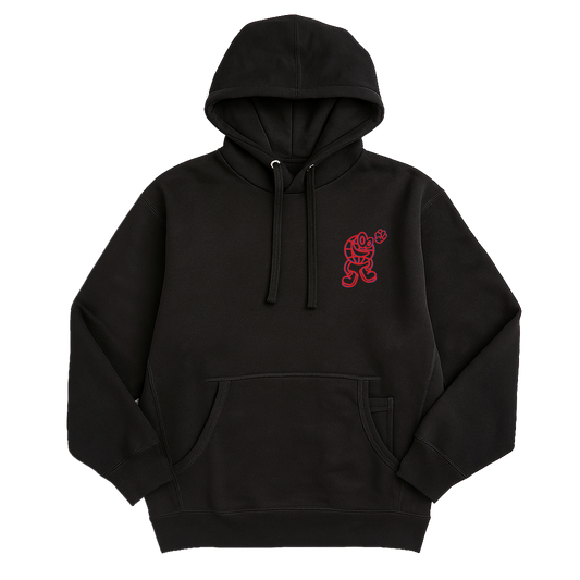 Black hoodie with a red logo on a white background