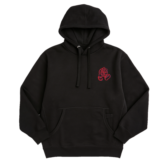 Black hoodie with a red logo on a white background