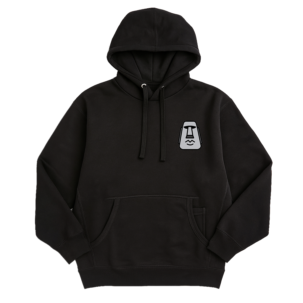 Black hoodie with a white moai logo on a white background